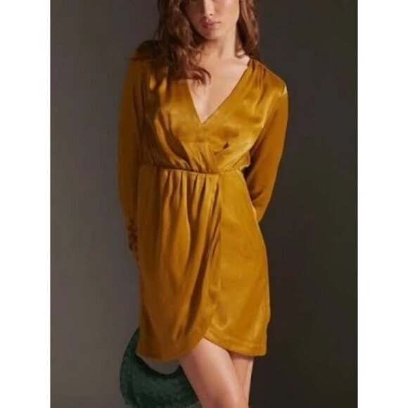 Anthropologie Maeve Moss Mustard Gold Wrap Mini Dress‎ Size Medium NWT - Picture 1 of 8